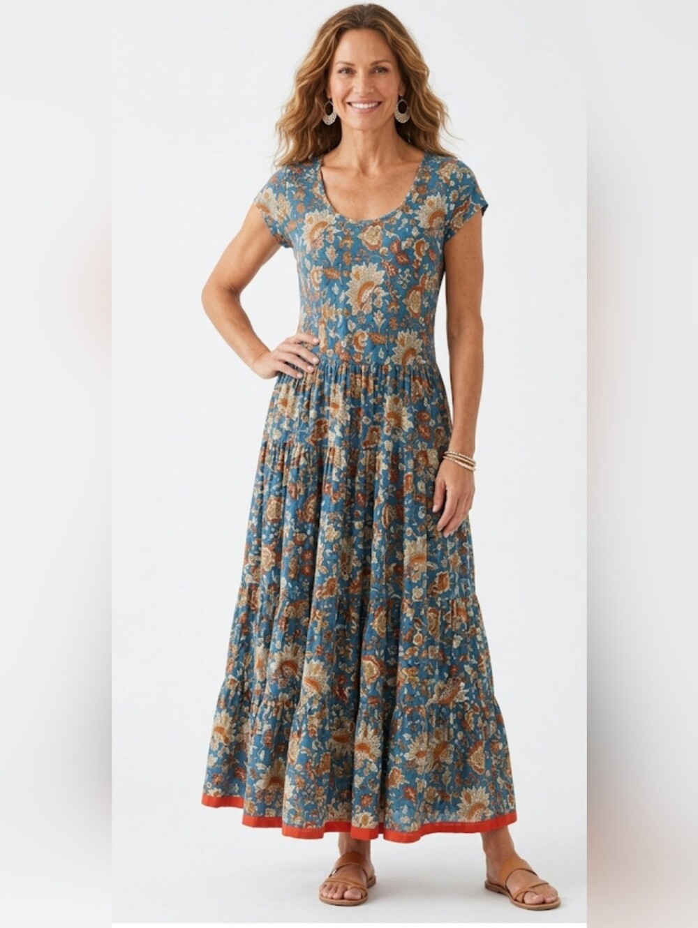 Soft Surroundings Women Short Sleeve Round Neck Aqua Floral Maxi Dress Size M.